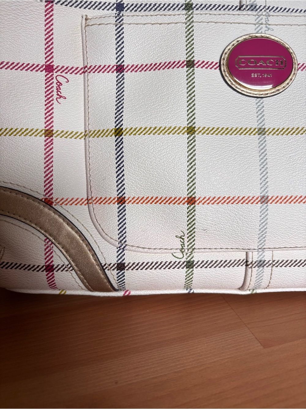 Coach White Plaid Tote with Gold Accents - Picture 4 of 15